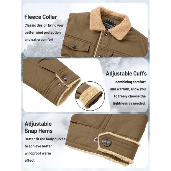 Tacvasen Men's Khaki Cotton Winter Fleece Lined Casual Warm Sherpa Jacket - Picture 5 of 6
